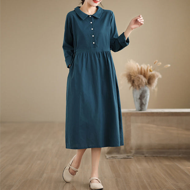 Buddha Stones Spring Vintage Casual Plain Lapel Long Sleeve Cotton Linen Midi Dress