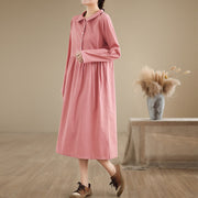 Buddha Stones Spring Vintage Casual Plain Lapel Long Sleeve Cotton Linen Midi Dress