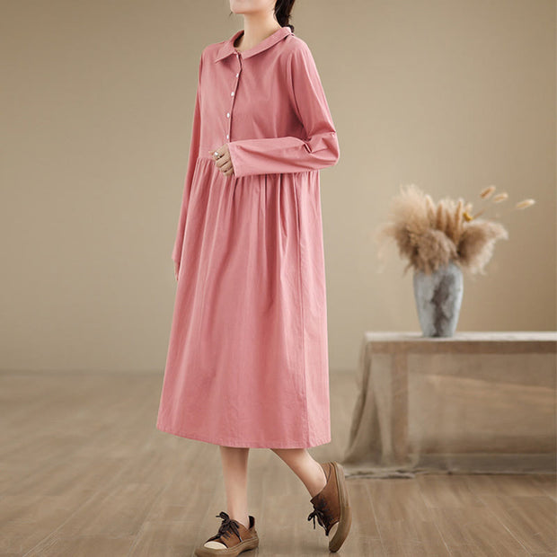 Buddha Stones Spring Vintage Casual Plain Lapel Long Sleeve Cotton Linen Midi Dress