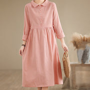 Buddha Stones Spring Vintage Casual Plain Lapel Long Sleeve Cotton Linen Midi Dress