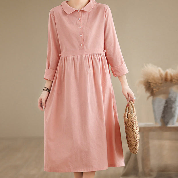 Buddha Stones Spring Vintage Casual Plain Lapel Long Sleeve Cotton Linen Midi Dress