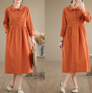 Buddha Stones Spring Vintage Casual Plain Lapel Long Sleeve Cotton Linen Midi Dress