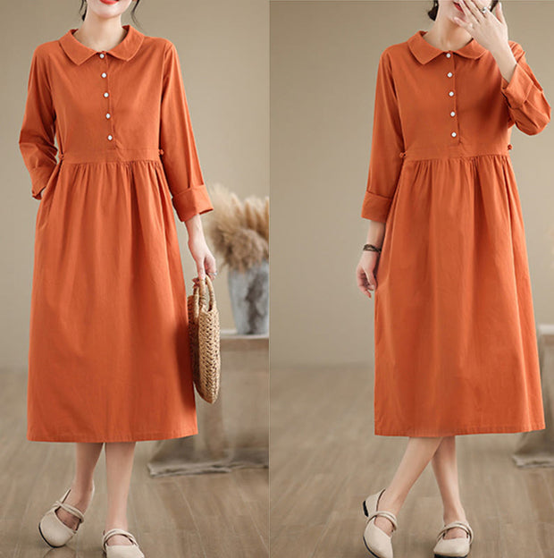 Buddha Stones Spring Vintage Casual Plain Lapel Long Sleeve Cotton Linen Midi Dress