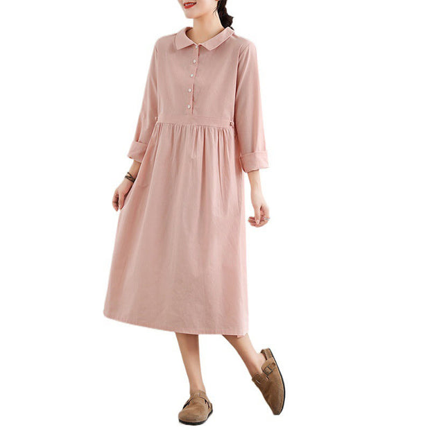 Buddha Stones Spring Vintage Casual Plain Lapel Long Sleeve Cotton Linen Midi Dress