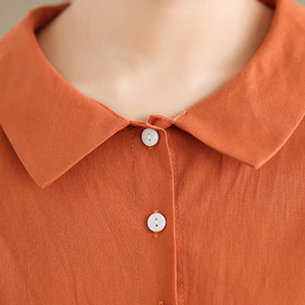 Buddha Stones Spring Vintage Casual Plain Lapel Long Sleeve Cotton Linen Midi Dress