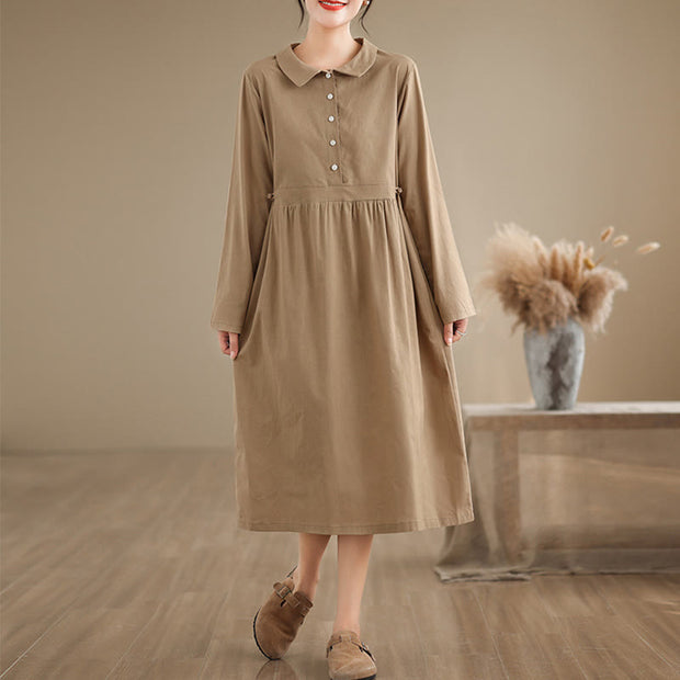Buddha Stones Spring Vintage Casual Plain Lapel Long Sleeve Cotton Linen Midi Dress