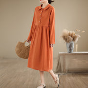 Buddha Stones Spring Vintage Casual Plain Lapel Long Sleeve Cotton Linen Midi Dress