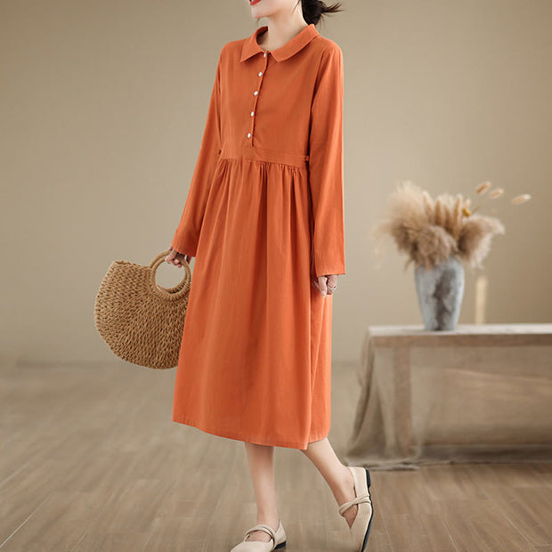 Buddha Stones Spring Vintage Casual Plain Lapel Long Sleeve Cotton Linen Midi Dress