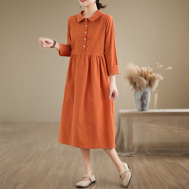 Buddha Stones Spring Vintage Casual Plain Lapel Long Sleeve Cotton Linen Midi Dress