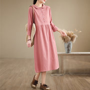 Buddha Stones Spring Vintage Casual Plain Lapel Long Sleeve Cotton Linen Midi Dress