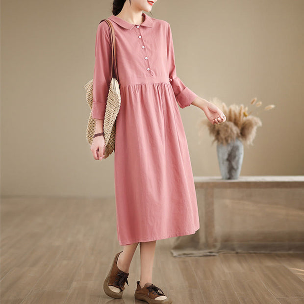 Buddha Stones Spring Vintage Casual Plain Lapel Long Sleeve Cotton Linen Midi Dress