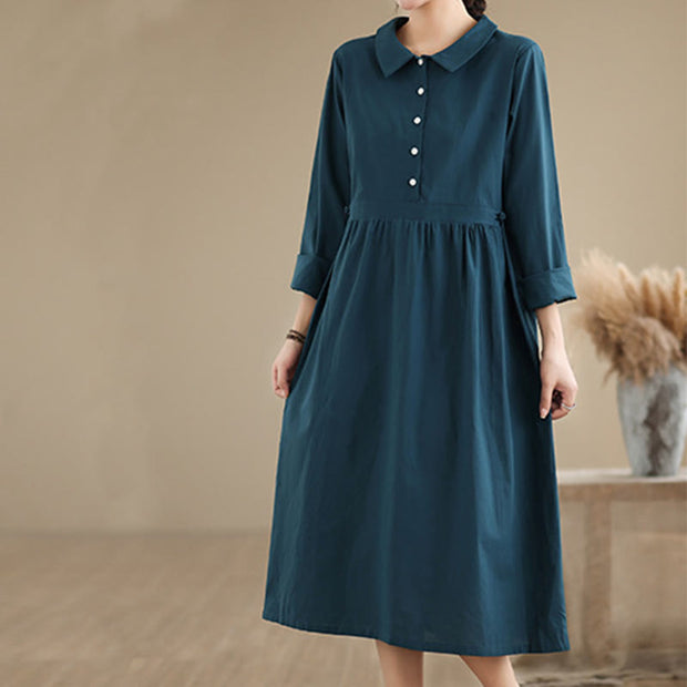 Buddha Stones Spring Vintage Casual Plain Lapel Long Sleeve Cotton Linen Midi Dress