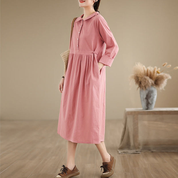 Buddha Stones Spring Vintage Casual Plain Lapel Long Sleeve Cotton Linen Midi Dress