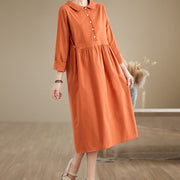 Buddha Stones Spring Vintage Casual Plain Lapel Long Sleeve Cotton Linen Midi Dress