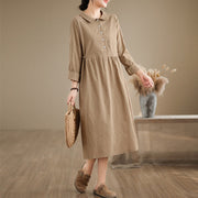 Buddha Stones Spring Vintage Casual Plain Lapel Long Sleeve Cotton Linen Midi Dress