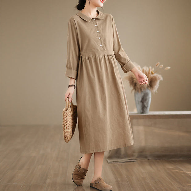 Buddha Stones Spring Vintage Casual Plain Lapel Long Sleeve Cotton Linen Midi Dress