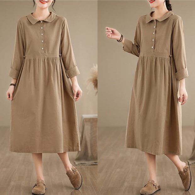Buddha Stones Spring Vintage Casual Plain Lapel Long Sleeve Cotton Linen Midi Dress