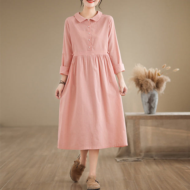 Buddha Stones Spring Vintage Casual Plain Lapel Long Sleeve Cotton Linen Midi Dress