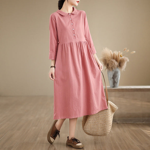 Buddha Stones Spring Vintage Casual Plain Lapel Long Sleeve Cotton Linen Midi Dress