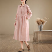 Buddha Stones Spring Vintage Casual Plain Lapel Long Sleeve Cotton Linen Midi Dress