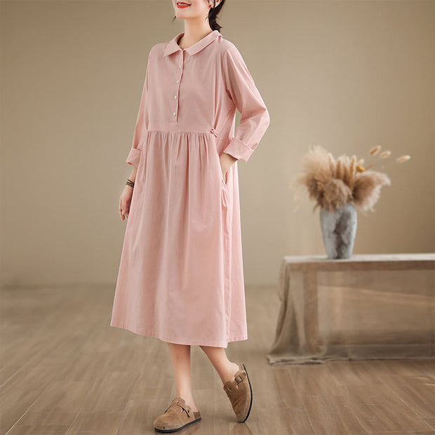 Buddha Stones Spring Vintage Casual Plain Lapel Long Sleeve Cotton Linen Midi Dress
