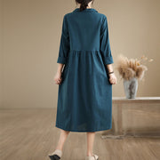 Buddha Stones Spring Vintage Casual Plain Lapel Long Sleeve Cotton Linen Midi Dress