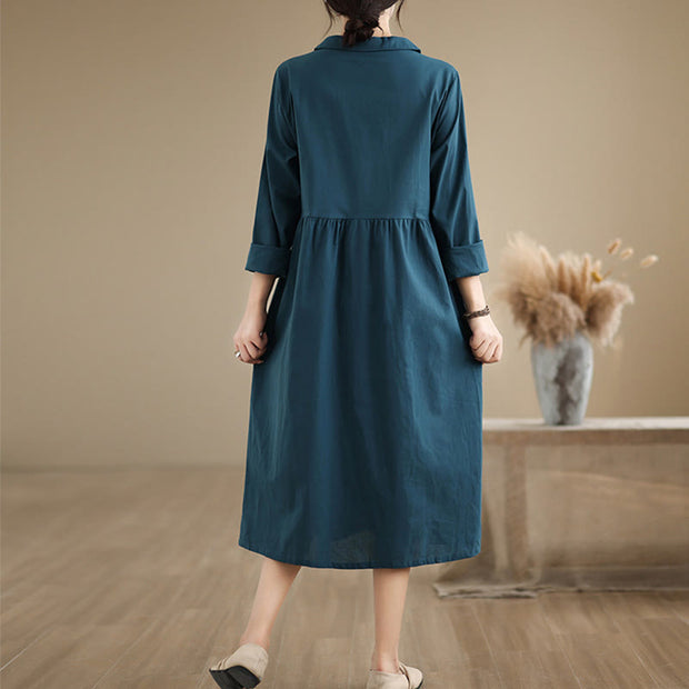 Buddha Stones Spring Vintage Casual Plain Lapel Long Sleeve Cotton Linen Midi Dress