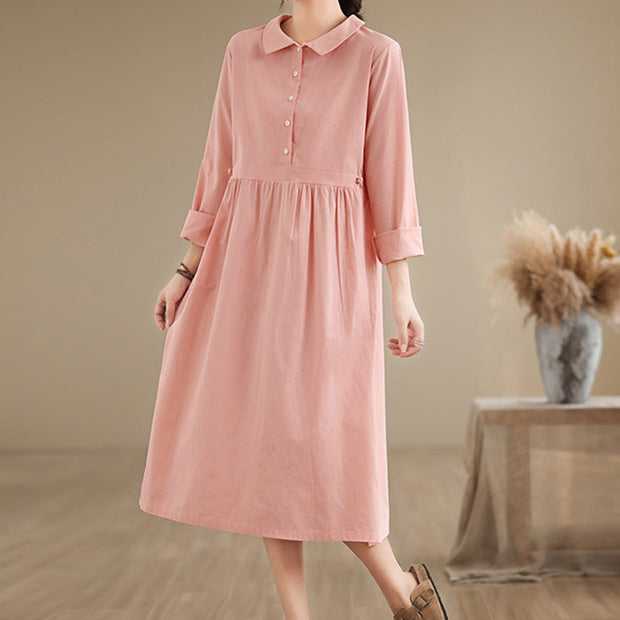 Buddha Stones Spring Vintage Casual Plain Lapel Long Sleeve Cotton Linen Midi Dress