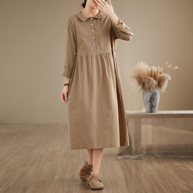 Buddha Stones Spring Vintage Casual Plain Lapel Long Sleeve Cotton Linen Midi Dress
