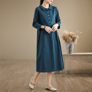 Buddha Stones Spring Vintage Casual Plain Lapel Long Sleeve Cotton Linen Midi Dress
