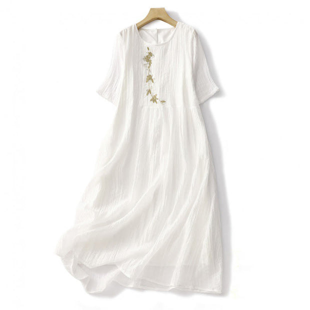 Buddha Stones Summer Casual Plain Embroidery Double Layer Short Sleeve Cotton Linen Maxi Dress