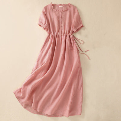 Buddha Stones Summer Daily Ruffle Crew Neck Lace-Up Design Midi Dress With Pockets