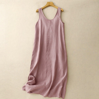 Buddha Stones Summer Daily Casual Pure Color Crew Neck Simple Design Sleeveless Cotton Midi Dress
