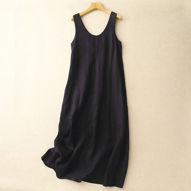 Buddha Stones Summer Daily Casual Pure Color Crew Neck Simple Design Sleeveless Cotton Midi Dress