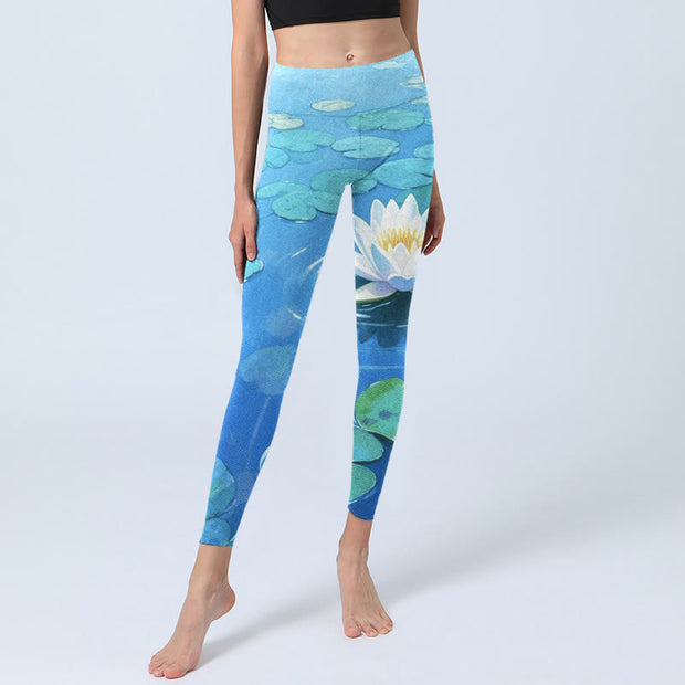 Buddha Stones White Lotus Flower Green Lotus Leaves Pattern Print Gym Leggings Women's Yoga Pants - image 6