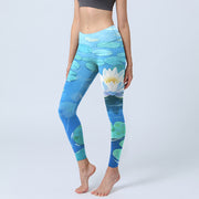 Buddha Stones White Lotus Flower Green Lotus Leaves Pattern Print Gym Leggings Women's Yoga Pants - DodgerBlue - US18，UK/AU22，EU50 (4XL) - image 1
