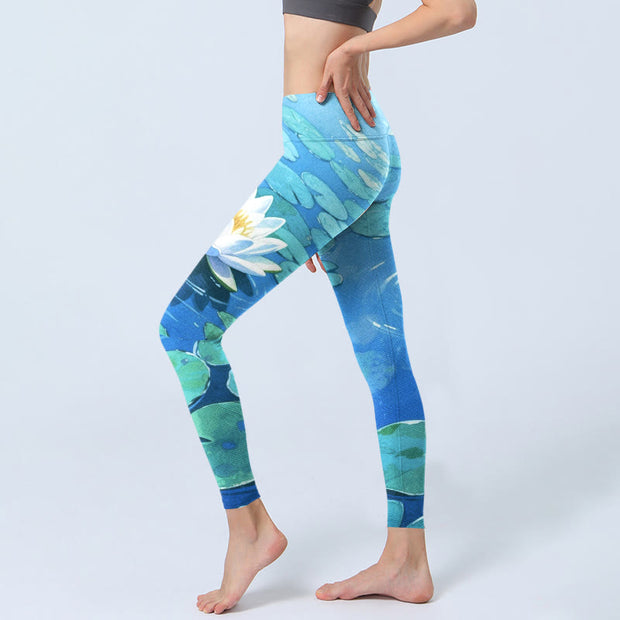 Buddha Stones White Lotus Flower Green Lotus Leaves Pattern Print Gym Leggings Women's Yoga Pants - image 3