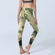 Buddha Stones Pink Lotus Flower Lotus Leaves Willow Branch Pattern Print Gym Leggings Women's Yoga Pants - image 4