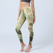 Buddha Stones Pink Lotus Flower Lotus Leaves Willow Branch Pattern Print Gym Leggings Women's Yoga Pants - SeaGreen - US18，UK/AU22，EU50 (4XL) - image 1