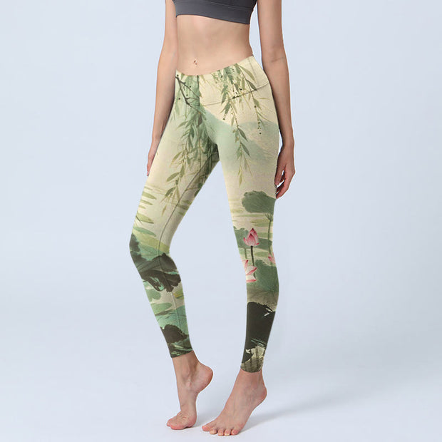 Buddha Stones Pink Lotus Flower Lotus Leaves Willow Branch Pattern Print Gym Leggings Women's Yoga Pants - SeaGreen - US18，UK/AU22，EU50 (4XL) - image 1