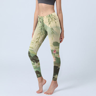 Buddha Stones Pink Lotus Flower Lotus Leaves Willow Branch Pattern Print Gym Leggings Women's Yoga Pants