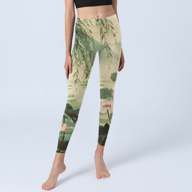 Buddha Stones Pink Lotus Flower Lotus Leaves Willow Branch Pattern Print Gym Leggings Women's Yoga Pants - image 6