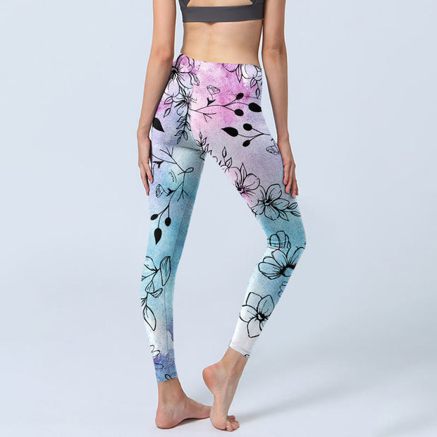 Buddha Stones Black Line-Drawn Flower Leaves Pattern Print Gym Leggings Women's Yoga Pants - image 4