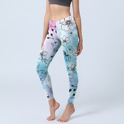 Buddha Stones Black Line-Drawn Flower Leaves Pattern Print Gym Leggings Women's Yoga Pants