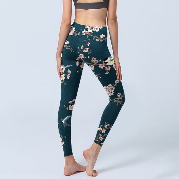 Buddha Stones Sparrow Swallow Peach Blossom Pattern Print Gym Leggings Women's Yoga Pants - image 4