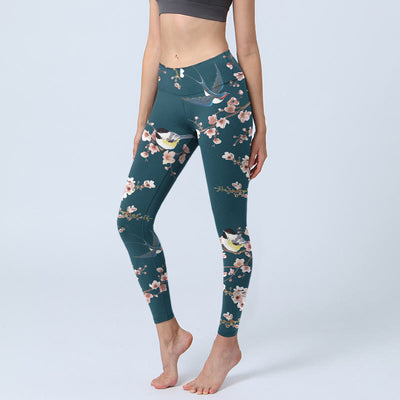 Buddha Stones Sparrow Swallow Peach Blossom Pattern Print Gym Leggings Women's Yoga Pants