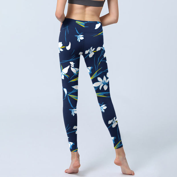 Buddha Stones White Blossom Leaves Pattern Print Gym Leggings Women's Yoga Pants