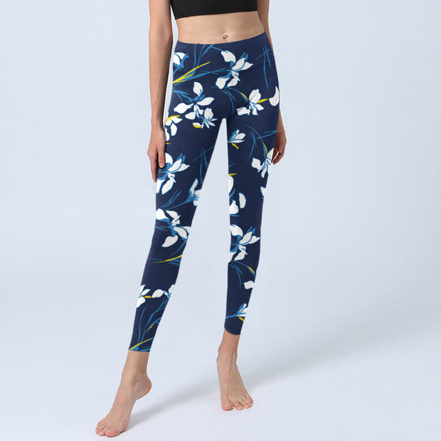 Buddha Stones White Blossom Leaves Pattern Print Gym Leggings Women's Yoga Pants