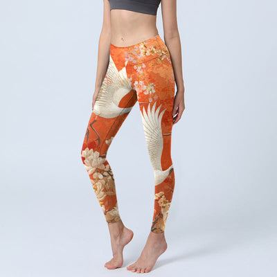 Buddha Stones Red-Crowned Crane Cherry Blossom Lotus Flower Pattern Print Gym Leggings Women's Yoga Pants
