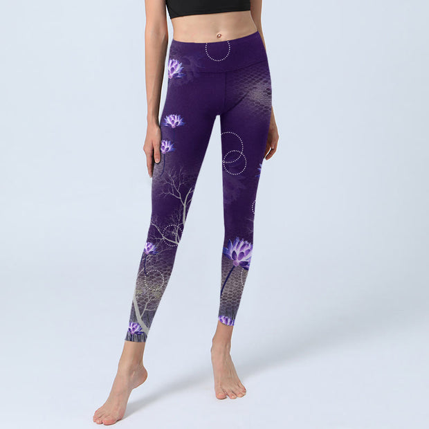 Buddha Stones Lotus Flower White Branch Dotted Circle Pattern Print Gym Leggings Women's Yoga Pants - image 6